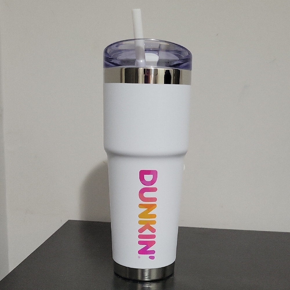 Dunkin' White and Purple Tumbler with Straw